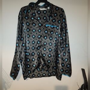 Victoria's Secret Black Blue Geometric Diamond Pattern Satin Pajama Top L